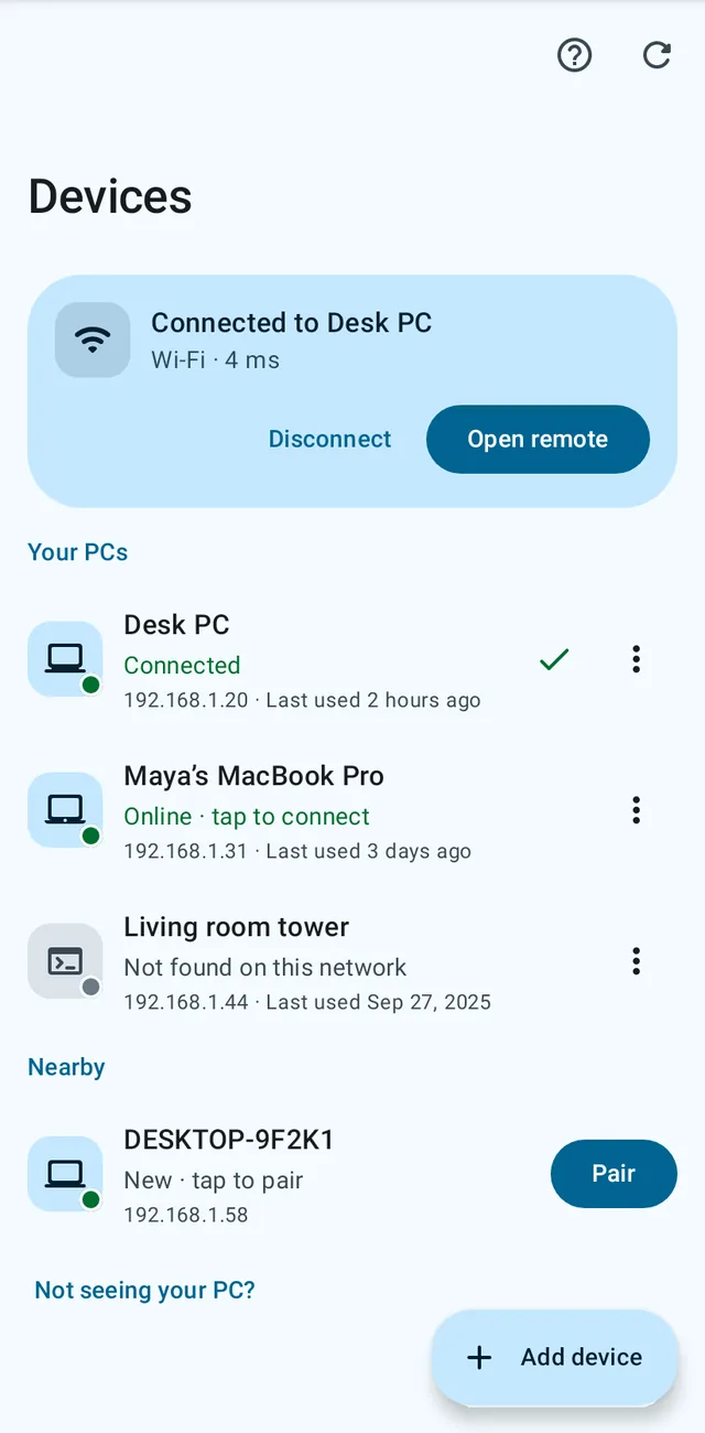 Beckon's Devices screen: connected to Desk PC over Wi‑Fi, 4 milliseconds.