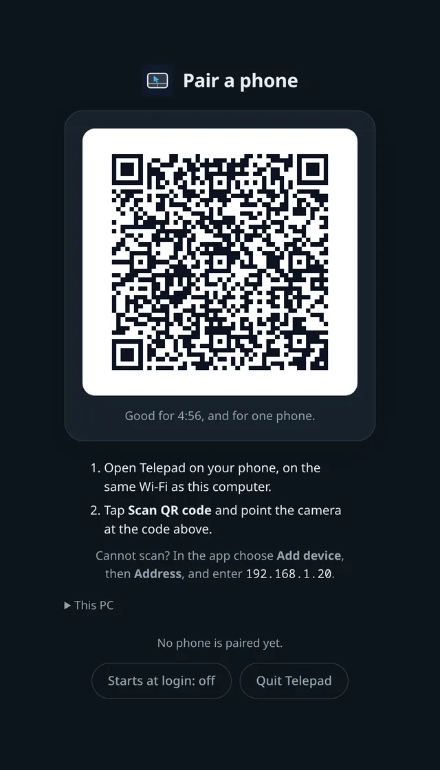 Beckon’s page on the PC: the title Pair a phone, a QR code and the steps to scan it.