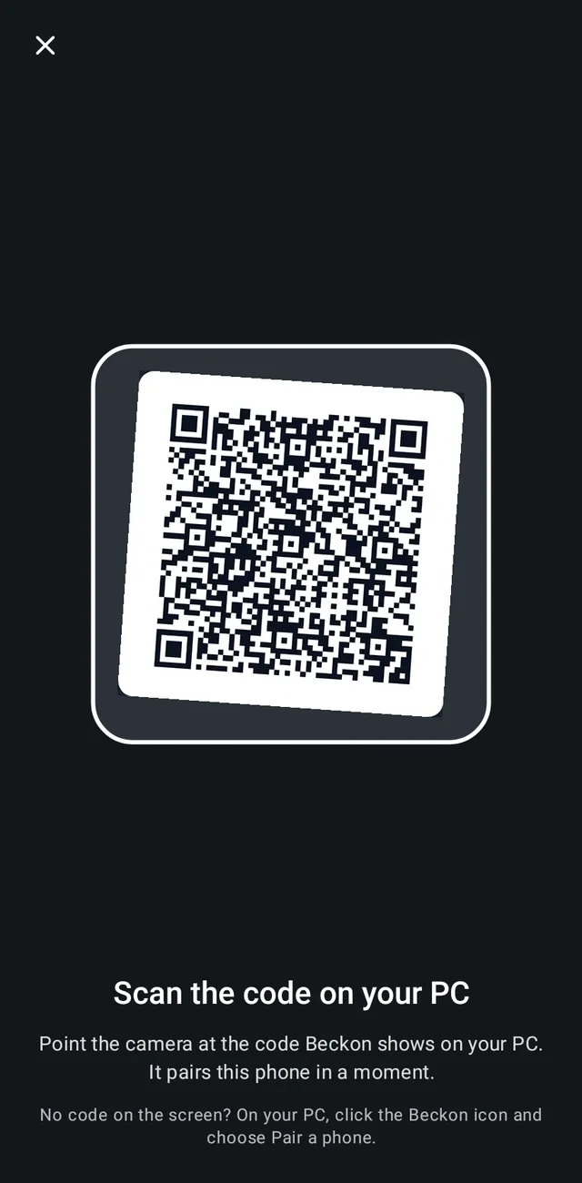 The phone’s scanner with the PC’s QR code inside the frame.